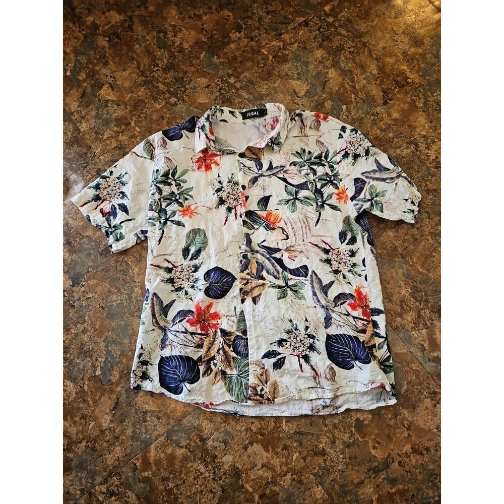 Jogal Hawaiian button up shirt mens Large collared light weight colorful tee(B17